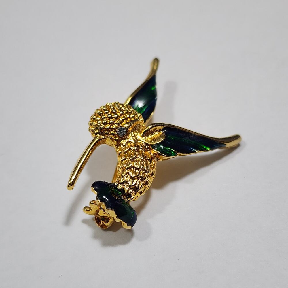 Hummingbird Brooch Pin Gold Tone Blue Green Enamel Rhinestone Eye Vintage